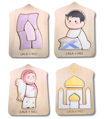 Puzzles islamiques Montessori en bois – Lot de 4 pour éveil et motricité fine