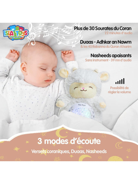 Doudou Kabchi Mouton Brun - Veilleuse Coranique avec détecteur de pleurs - Cadeau pour bébé et enfant musulman - Islatoys